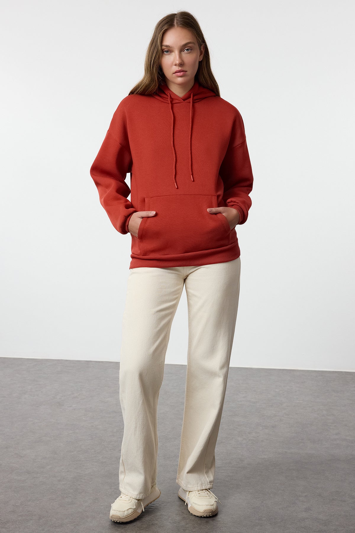 Trendyolmilla Kiremit Kalın İçi Polarlı Oversize/Geniş Kalıp Kapüşonlu Basic Örme Sweatshirt TWOAW24SW00103