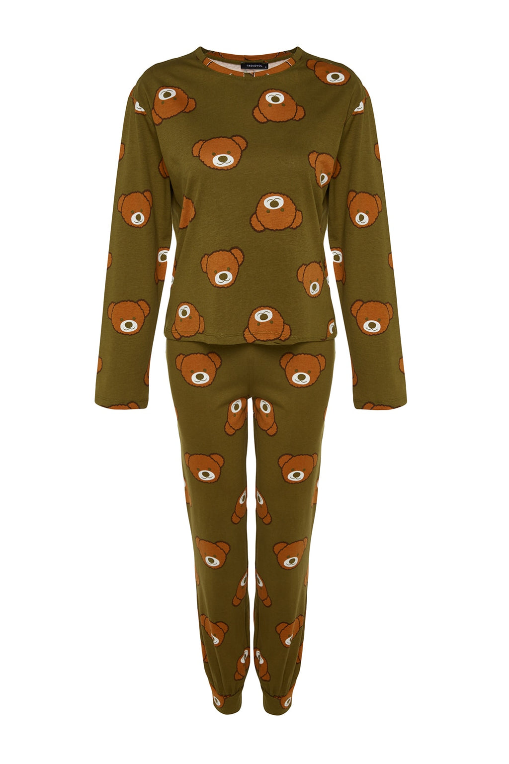 Trendyolmilla Haki %100 Pamuklu Ayıcıklı Desenli Örme Pijama Takımı THMAW23PT00514