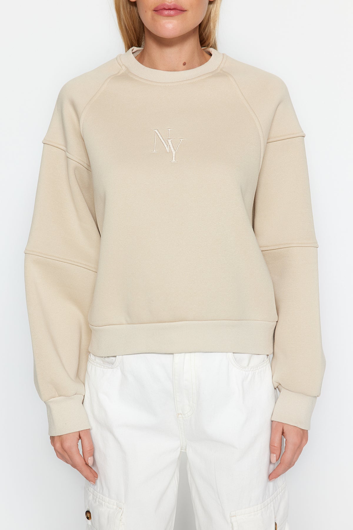 Trendyolmilla Taş Bisiklet Yaka Regular Fit Nakışlı Kalın İçi Polarlı Örme Sweatshirt TWOAW24SW00199