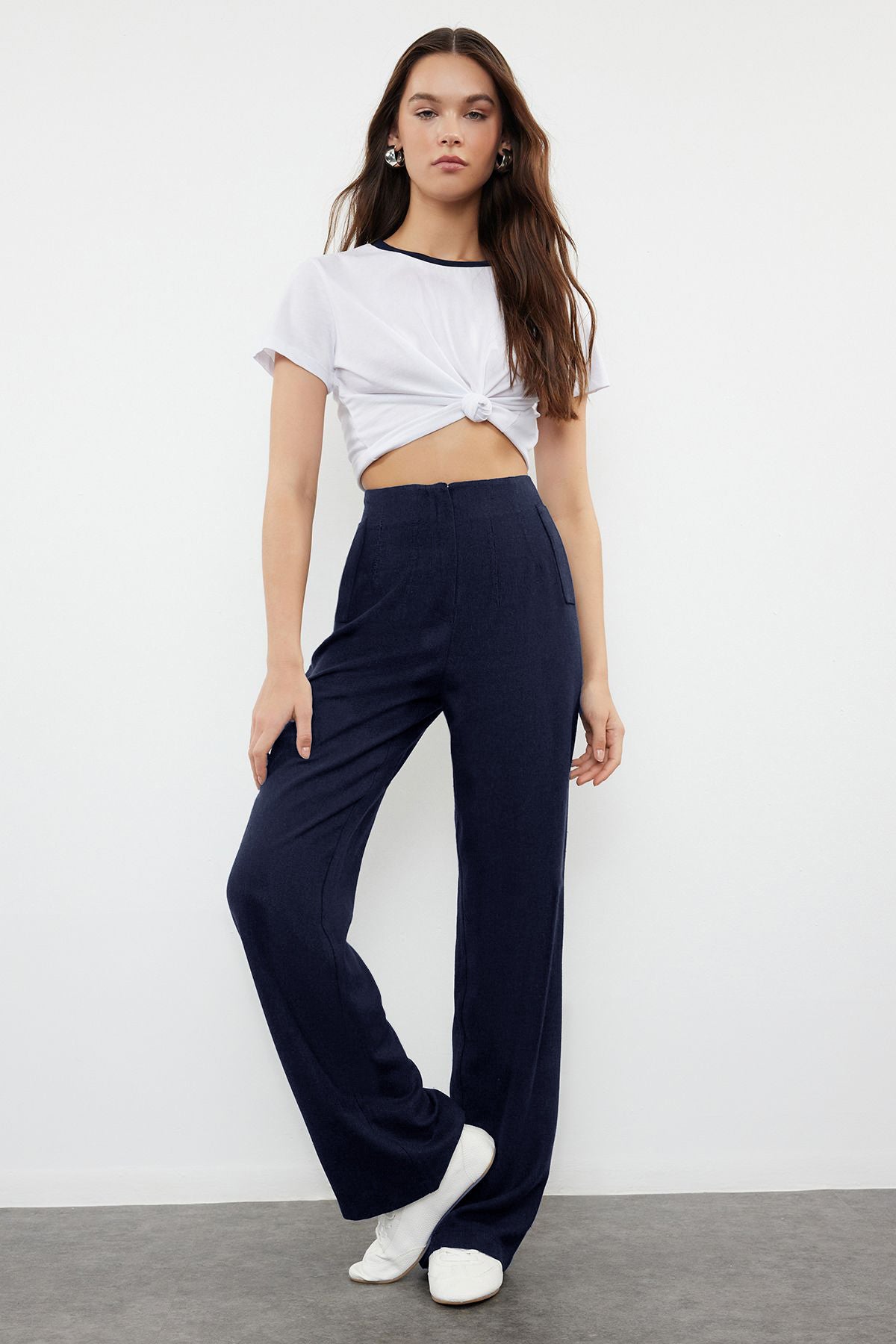Lacivert Keten GörünümlüWide Leg/Geniş Paça Yüksek Bel Dokuma Pantolon TWOSS24PL00169 Secondary image
