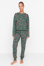 Trendyolmilla Bej %100 Pamuklu Yılbaşı Temalı Örme Pijama Takımı THMAW21PT0771