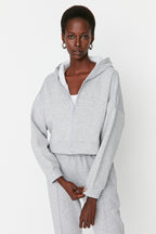 Trendyolmilla Petrol Fermuarlı Kapüşonlu Rahat Kesim Crop Kalın İçi Polarlı Örme Sweatshirt TWOAW20SW0660