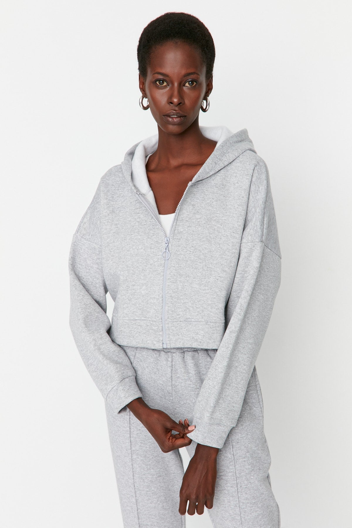 Trendyolmilla Petrol Fermuarlı Kapüşonlu Rahat Kesim Crop Kalın İçi Polarlı Örme Sweatshirt TWOAW20SW0660