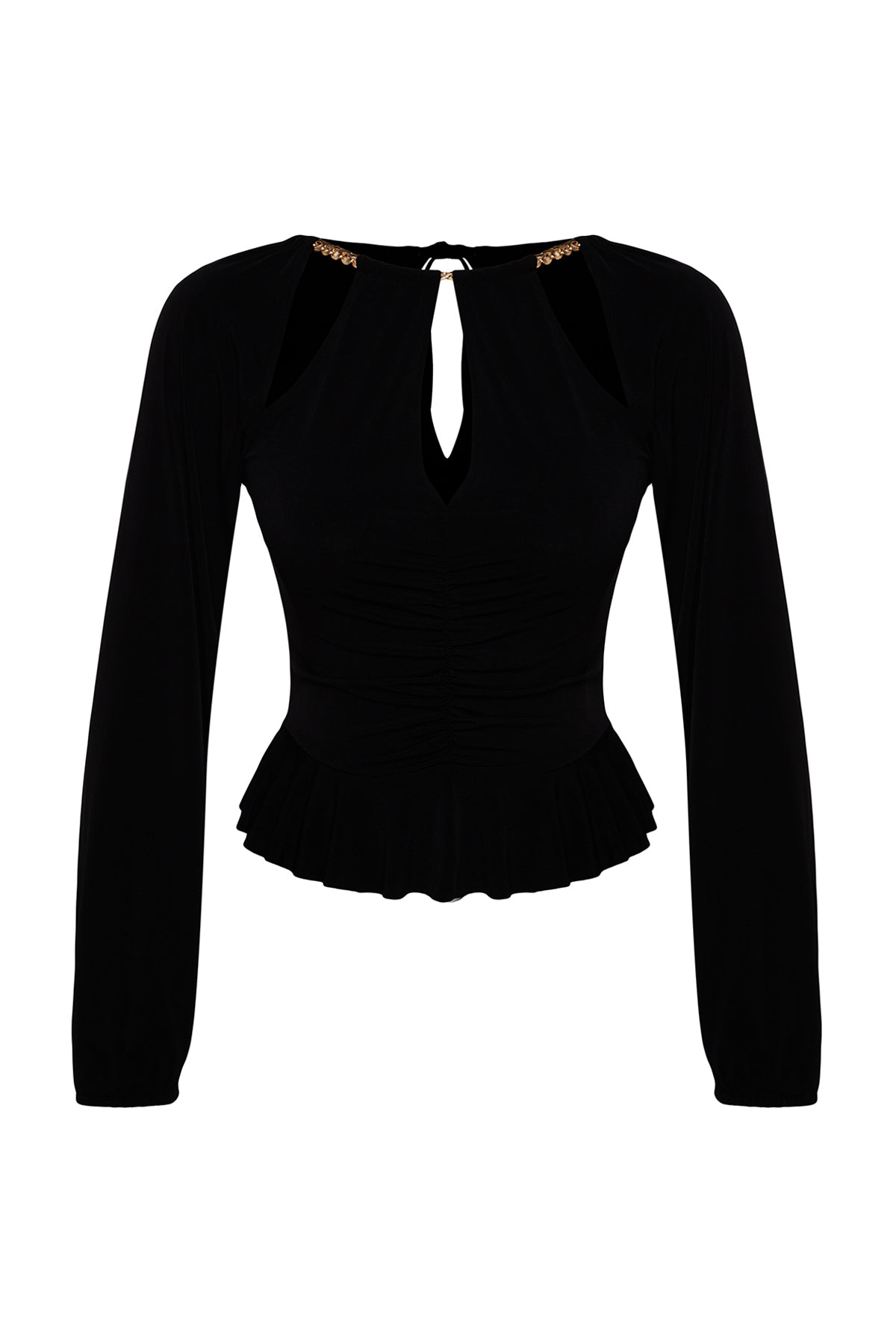 Trendyolmilla Koyu Kahverengi Pencere/Cut Out Detaylı Aksesuarlı Örme Bluz TPRAW24BZ00053