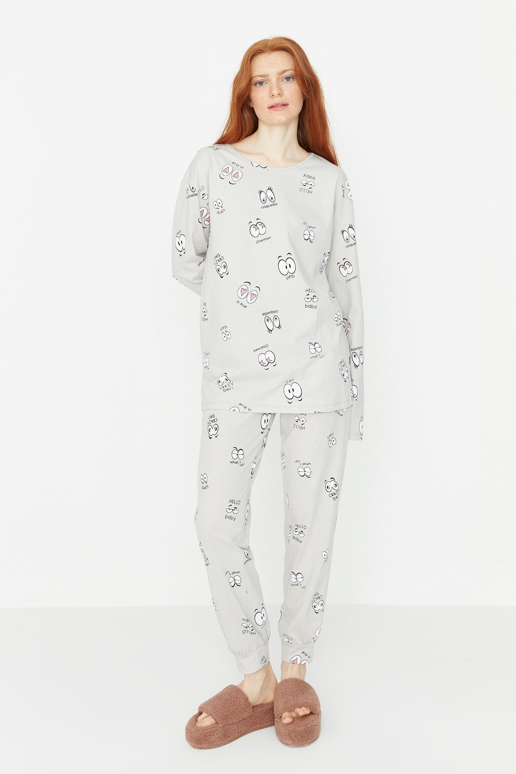 Trendyolmilla Lila %100 Pamuklu Göz Desenli T-shirt-Jogger Örme Pijama Takımı THMAW22PT0270