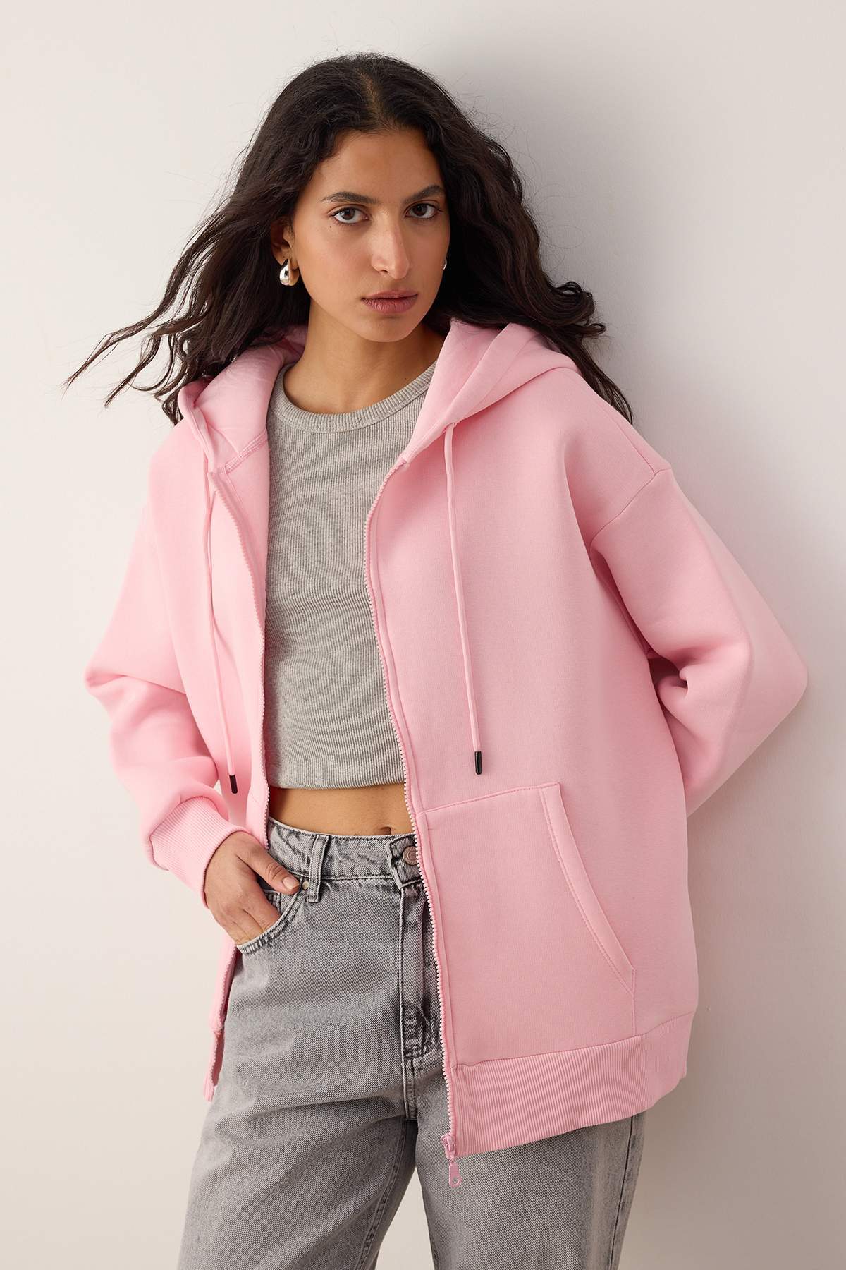 Trendyolmilla Bordo Oversize/Rahat Kesim Fermuarlı Kalın İçi Polarlı Örme Sweatshirt TWOAW24SW00188 Secondary image