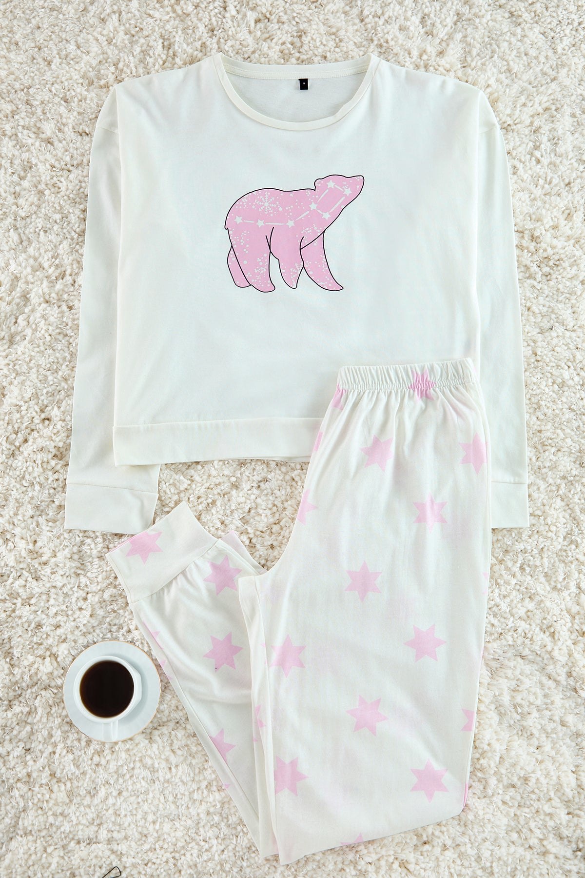 Trendyolmilla Beyaz %100 Pamuklu Yıldız Desenli Örme Pijama Takımı THMAW21PT0241 Main image