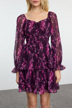 Trendyolmilla Mürdüm Çiçekli Fırfırlı Boho Mini Dokuma Elbise TWOAW23EL01455