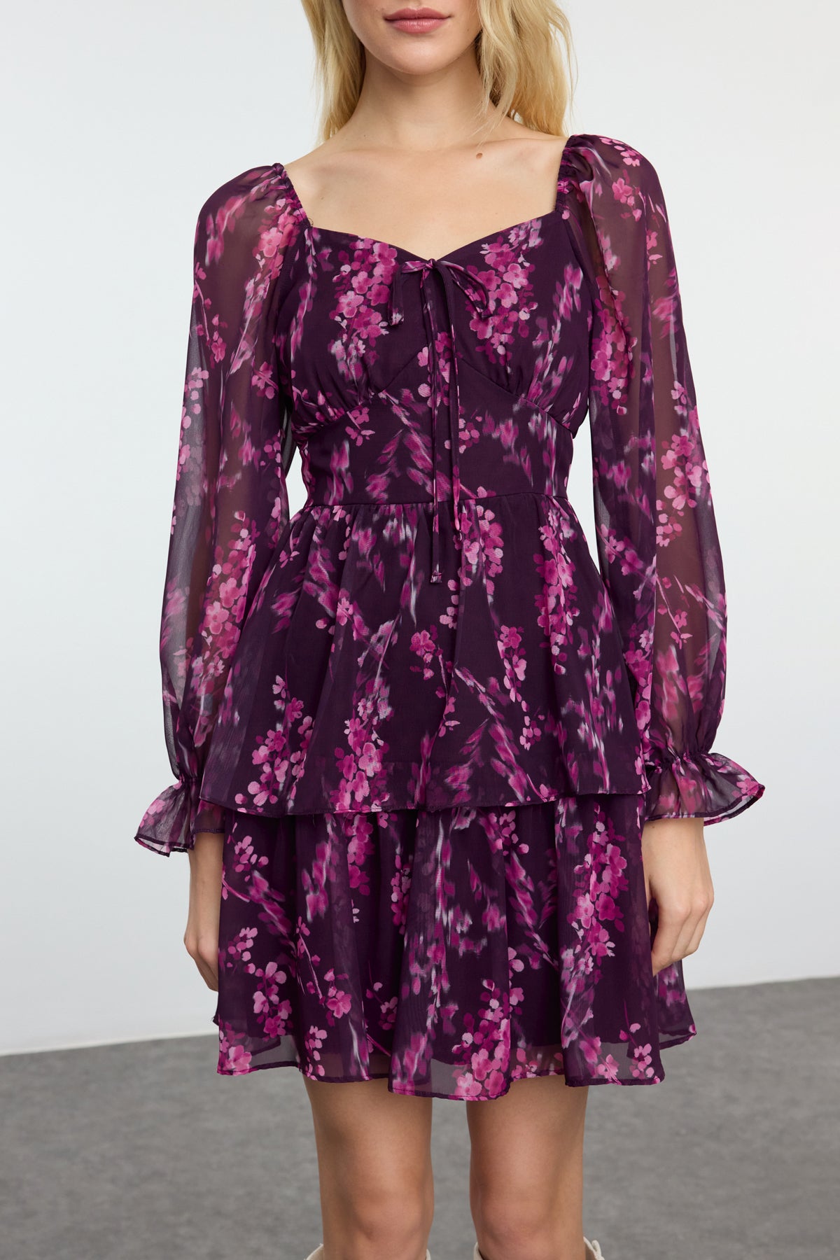 Trendyolmilla Mürdüm Çiçekli Fırfırlı Boho Mini Dokuma Elbise TWOAW23EL01455