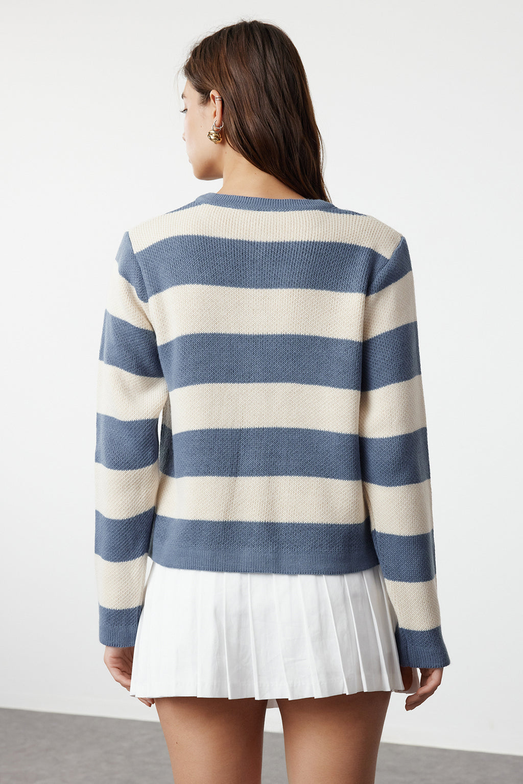 Trendyolmilla Indigo Çizgili Basic Ceket Görünümlü Triko Hırka TWOAW24HI00091