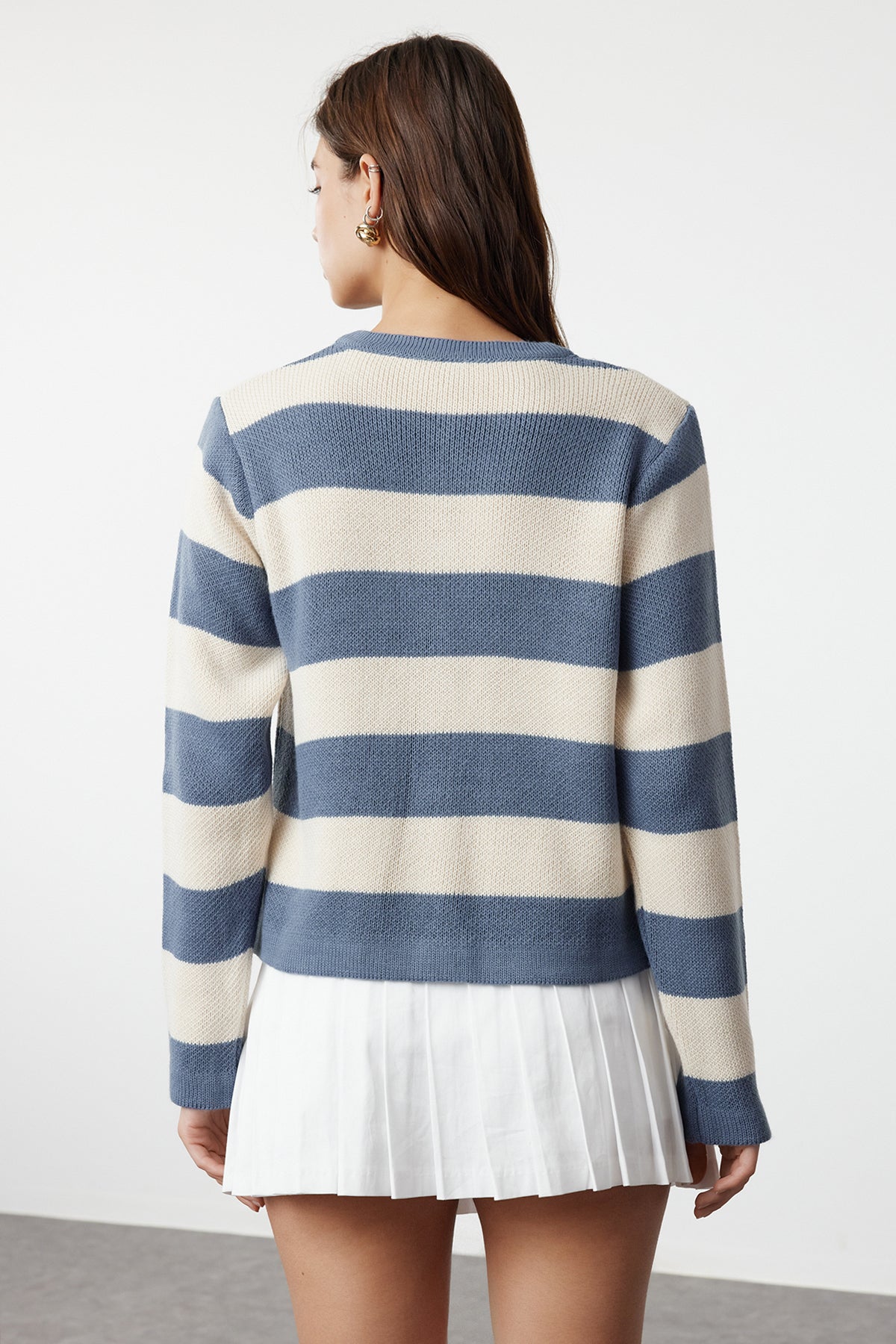 Trendyolmilla Indigo Çizgili Basic Ceket Görünümlü Triko Hırka TWOAW24HI00091