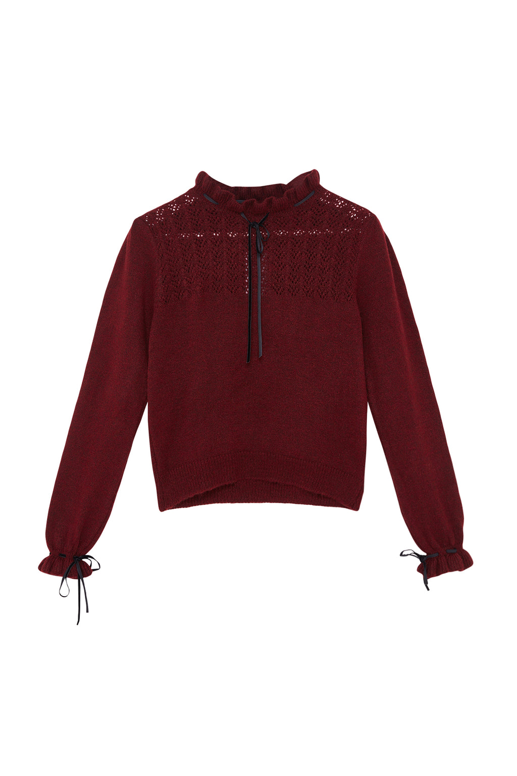 Trendyolmilla Bordo Yumuşak Dokulu Ajurlu/Delikli Kurdele/Fiyonk Detaylı Triko Kazak TWOAW21KZ2355