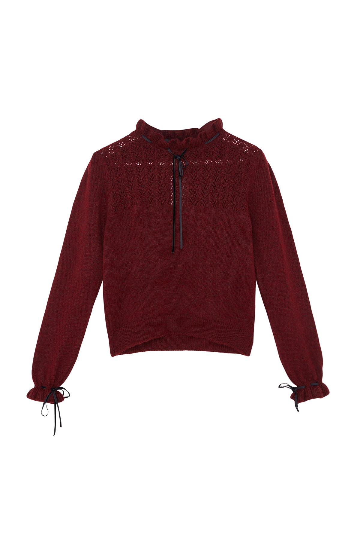 Trendyolmilla Bordo Yumuşak Dokulu Ajurlu/Delikli Kurdele/Fiyonk Detaylı Triko Kazak TWOAW21KZ2355
