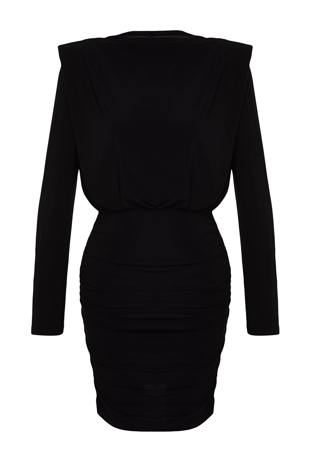 Trendyolmilla Siyah Vatkalı Drapeli Fitted/Vücuda Oturan Mini Esnek Örme Kalem Elbise TWOAW24EL00821