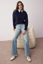 Trendyolmilla Koyu Mavi Paça Kesikli Ekstra Yüksek Bel Geniş Paça Wide Leg Jeans TWOAW26JE00080