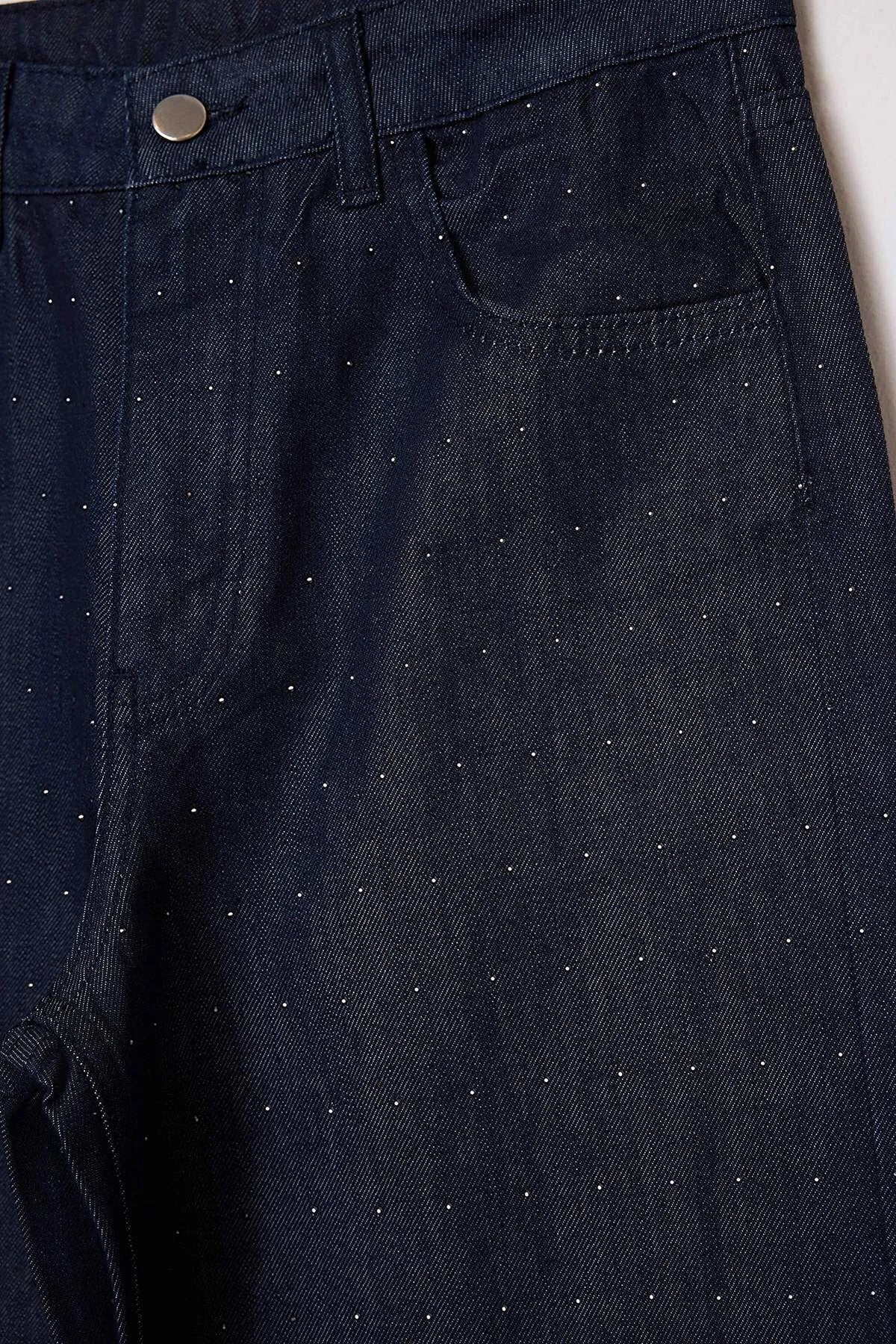 Koyu Mavi %100 Pamuk Taşlı Uzun Boy Yüksek Bel Raw Wide Leg Jeans TWOSS26JE00072