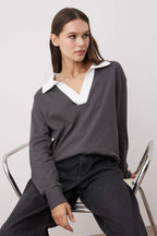 Trendyolmilla Ekru Renk Bloklu Polo Yaka Relaxed/Rahat Kalıp Örme Sweatshirt TWOAW26SW00043
