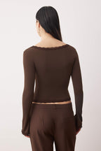 Trendyolmilla Koyu Kahverengi Dantel Detaylı Kare Yaka Örme Party Bluz TPRAW26BZ00045