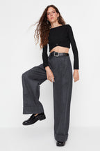 Trendyolmilla Siyah Wide Leg/Geniş Paça Yüksek Bel Dokuma  Pantolon TWOAW23PL00302