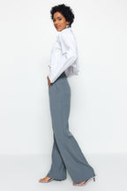 Trendyolmilla Ekru Yüksek Bel Wide Leg/Geniş Paça Pilili Dokuma Kumaş Pantolon TWOAW21PL0076