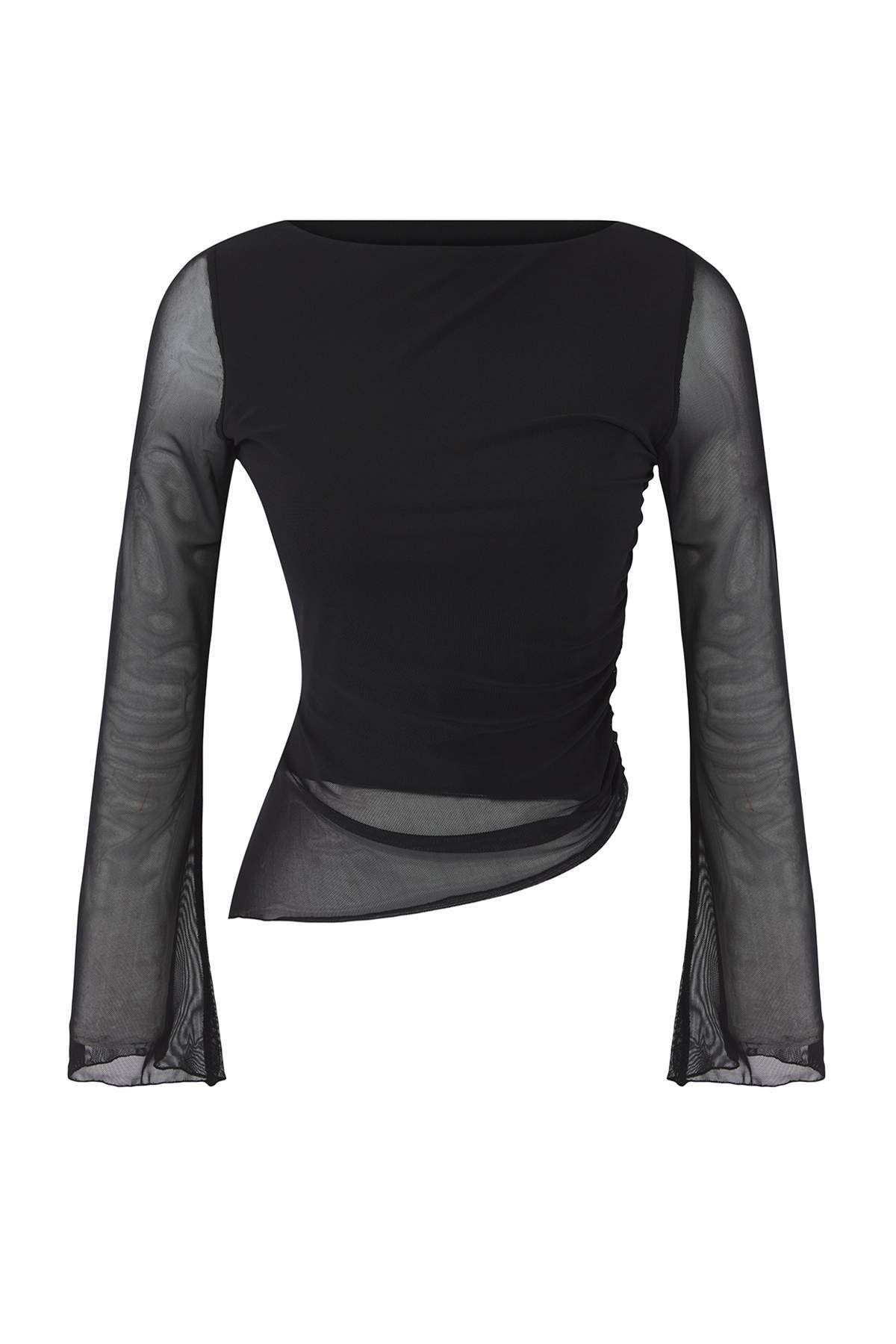 Trendyolmilla Ekru Soyut Animal Kayık Yaka Asimetrik Detaylı Fitted/vücuda Oturan Örme Bluz TWOAW26BZ00128