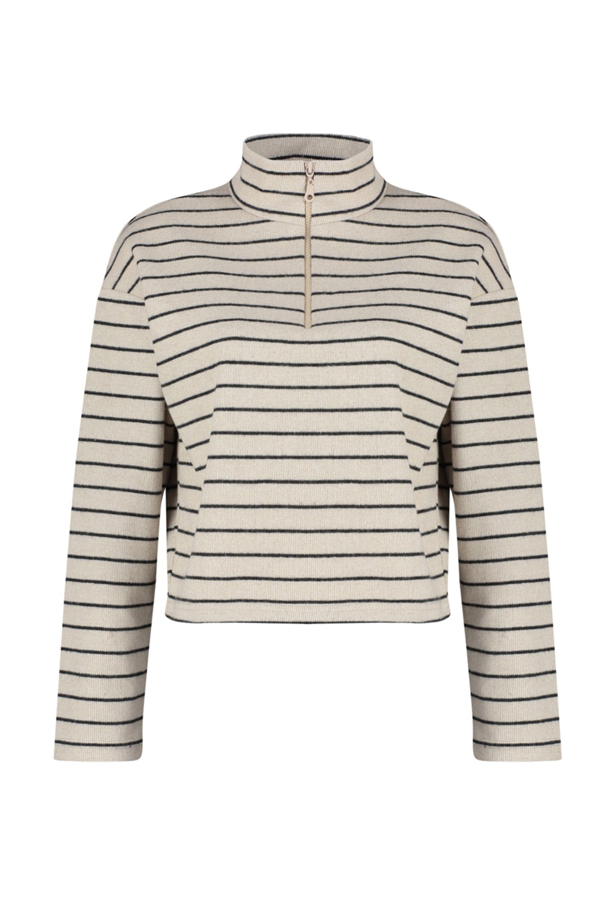 Açık Bej Çizgili Selanik Fermuarlı Dik Yaka Regular/Normal Kalıp Örme Sweatshirt TWOAW22SW0732