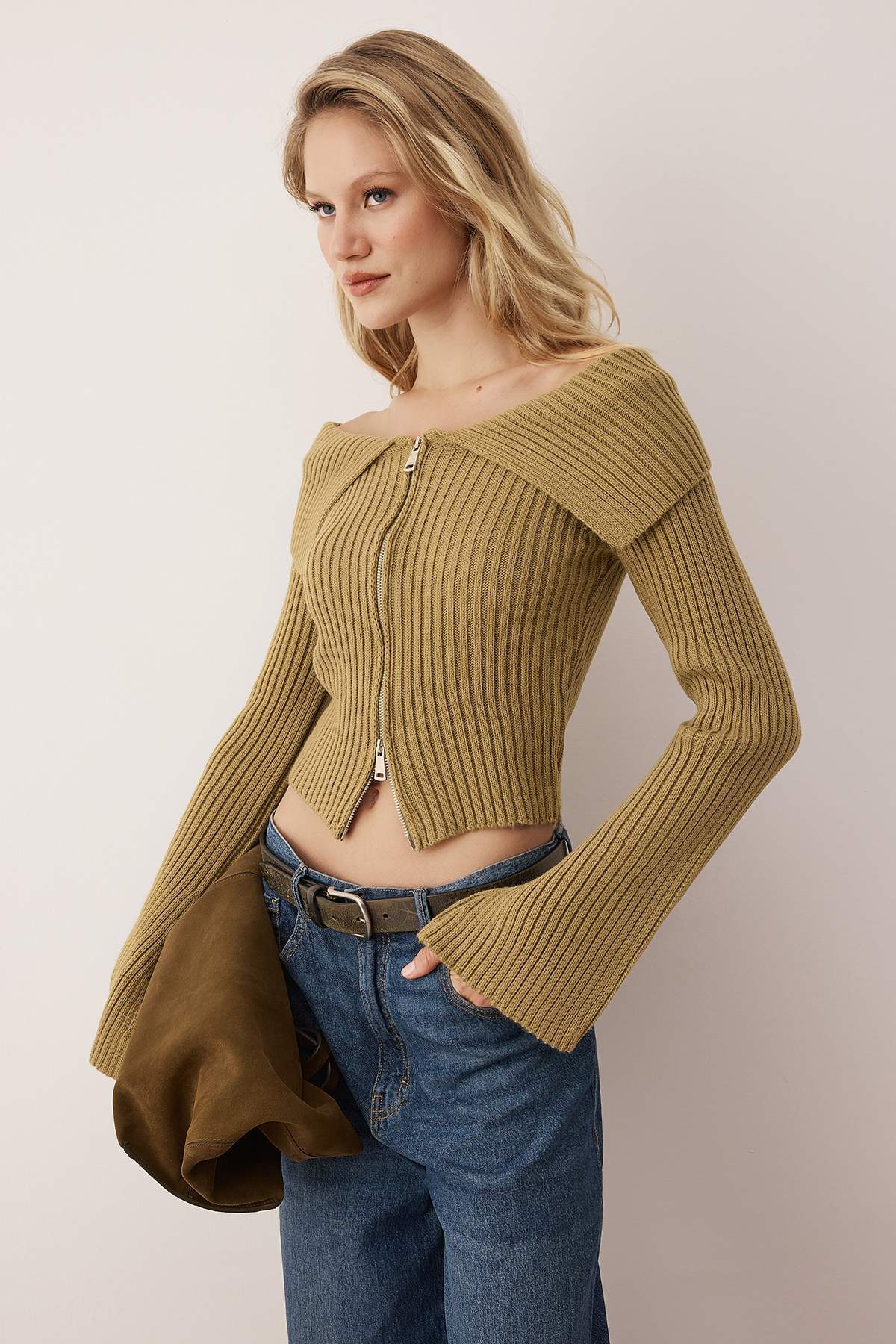 Açık Haki Devrik Yaka Çift Fermuarlı Triko Hırka TWOAW26HI00282