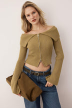Açık Haki Devrik Yaka Çift Fermuarlı Triko Hırka TWOAW26HI00282