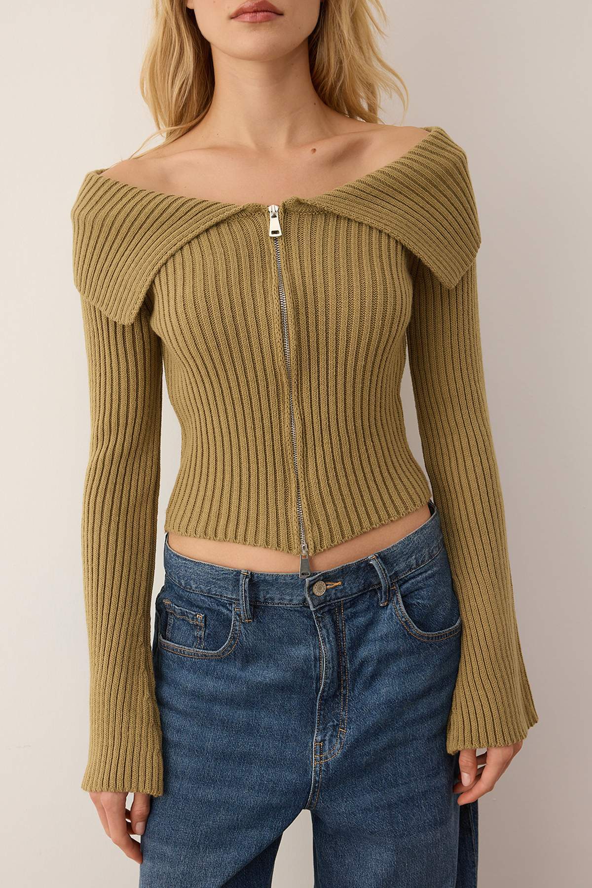 Açık Haki Devrik Yaka Çift Fermuarlı Triko Hırka TWOAW26HI00282