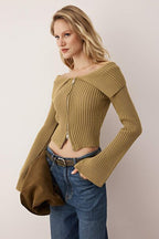 Açık Haki Devrik Yaka Çift Fermuarlı Triko Hırka TWOAW26HI00282