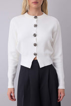 Ekru Premium İplik/Özel İplik Crop Gül Düğmeli Ceket Görünümlü Triko Hırka TWOAW25HI00110