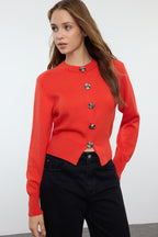 Açık Kırmızı Premium/Özel İplik Crop Gül Düğmeli Ceket Görünümlü Triko Hırka TWOAW25HI00110
