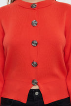 Açık Kırmızı Premium/Özel İplik Crop Gül Düğmeli Ceket Görünümlü Triko Hırka TWOAW25HI00110