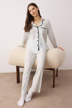 Açık Mavi %100 Pamuklu Çizgili Biye Detaylı Örme Pijama Takımı THMAW21PT0614