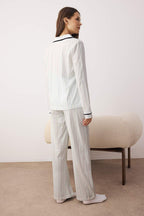 Açık Mavi %100 Pamuklu Çizgili Biye Detaylı Örme Pijama Takımı THMAW21PT0614