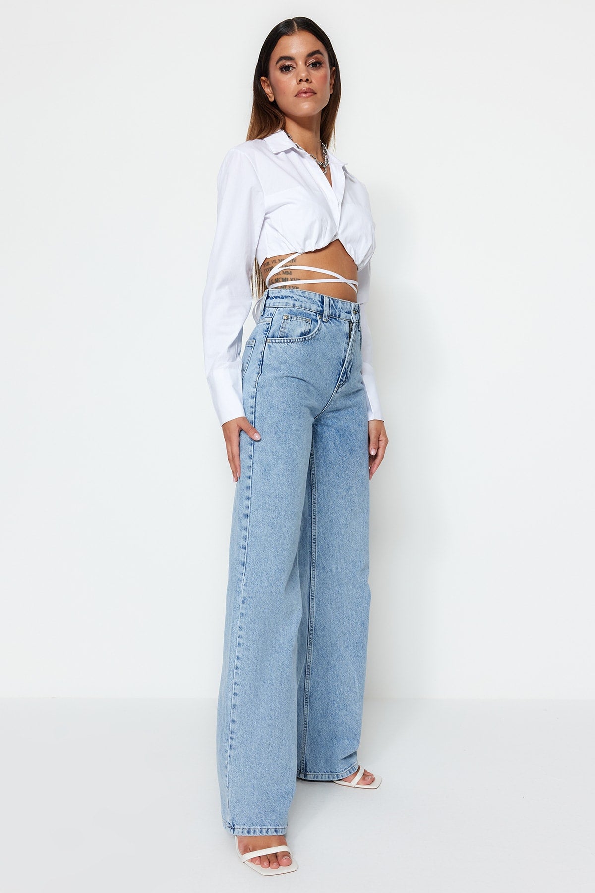 Açık Mavi Yüksek Bel Wide Leg Geniş Paça %100 Pamuk Non-Stretch Jeans TWOSS23JE00068