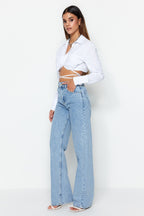 Açık Mavi Yüksek Bel Wide Leg Geniş Paça %100 Pamuk Non-Stretch Jeans TWOSS23JE00068