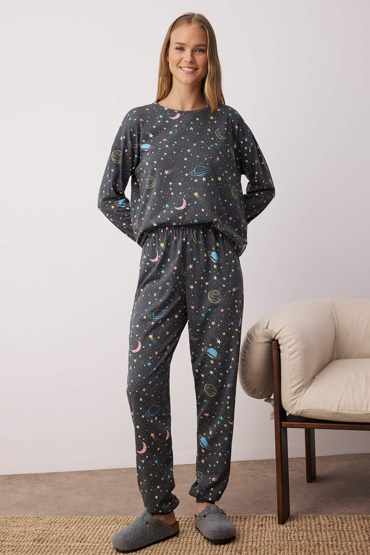 Antrasit %100 Pamuklu Galaksi Desenli Örme Pijama Takımı THMAW21PT0794 Main image