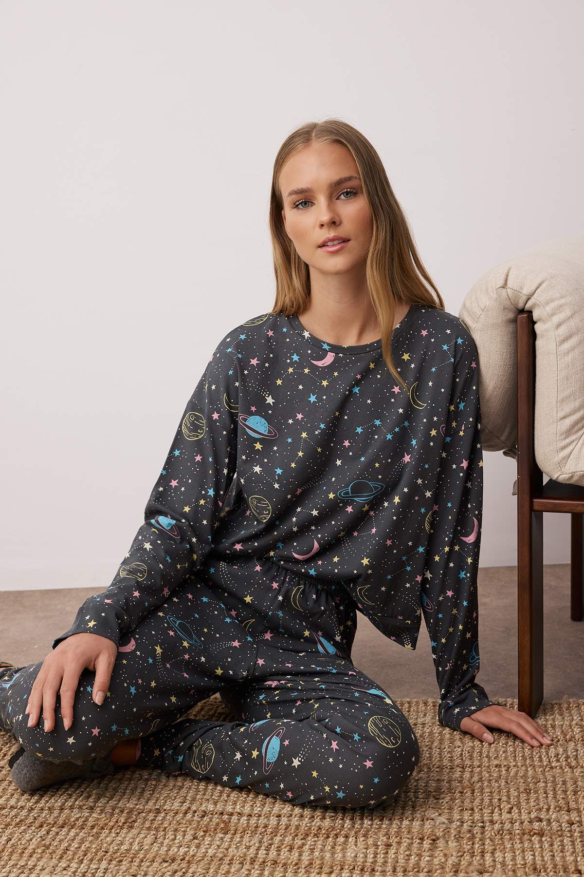 Antrasit %100 Pamuklu Galaksi Desenli Örme Pijama Takımı THMAW21PT0794 Secondary image