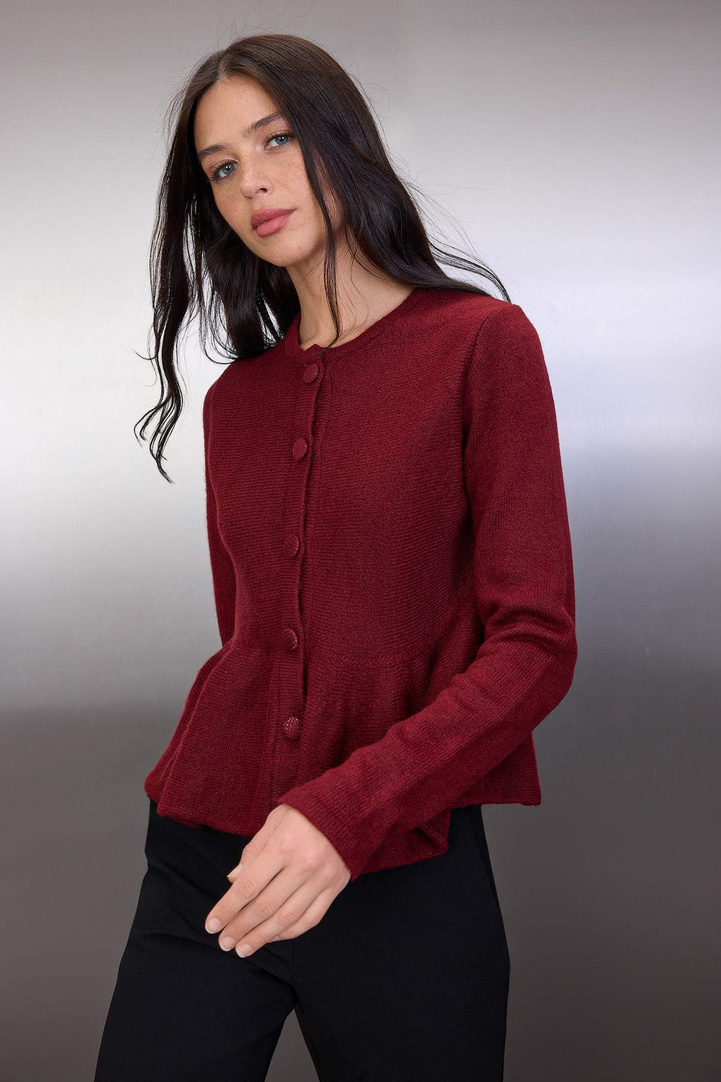 Bordo Bisiklet Yaka Etek Ucu Volanlı Triko Hırka TWOAW26HI00232