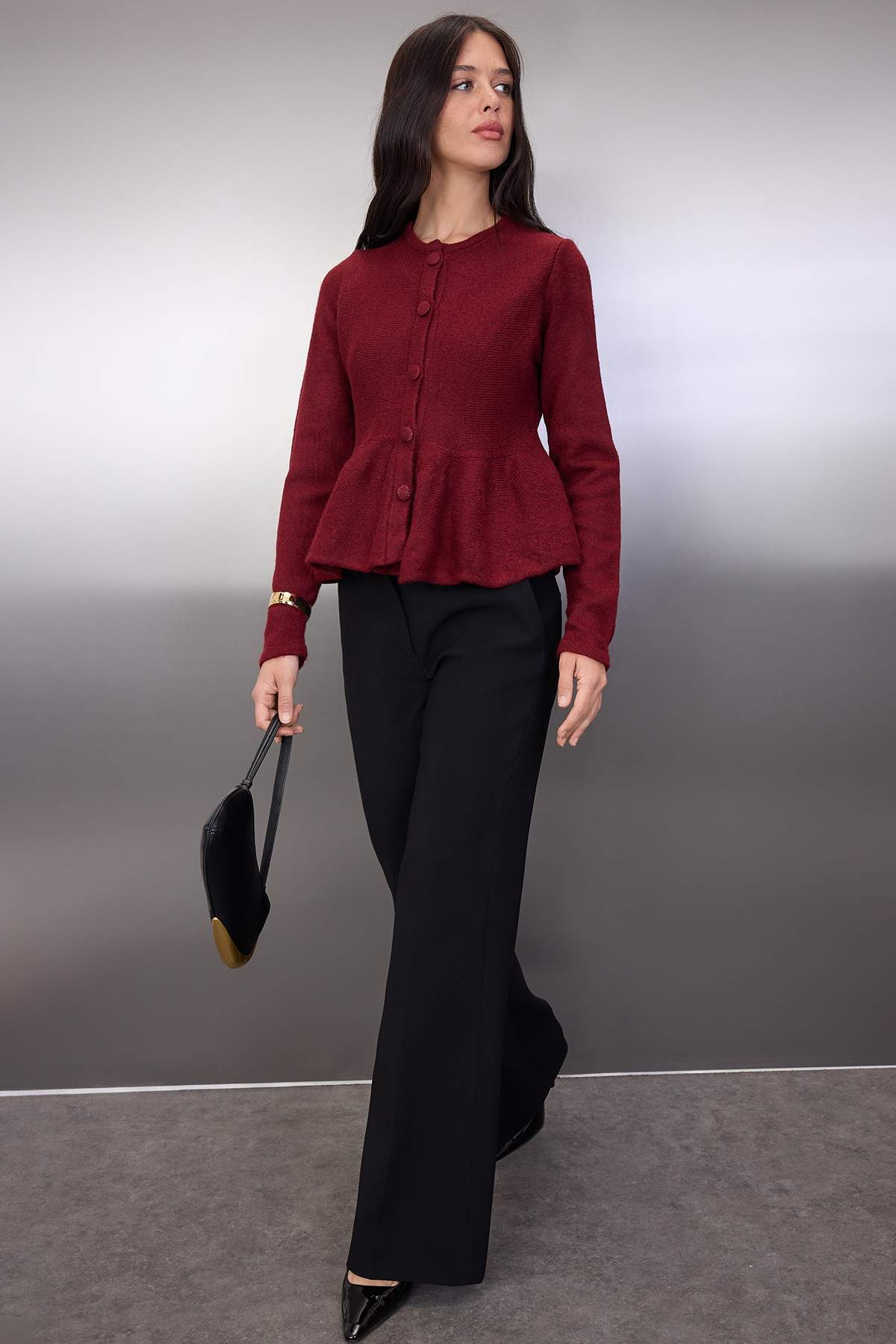 Bordo Bisiklet Yaka Etek Ucu Volanlı Triko Hırka TWOAW26HI00232 Secondary image