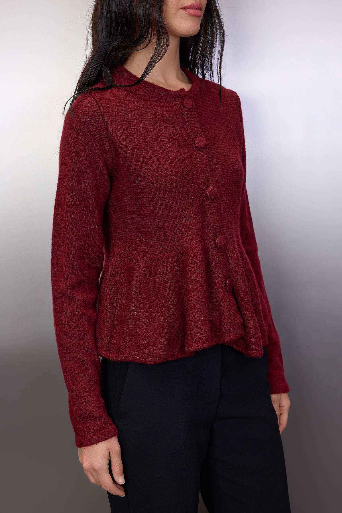 Bordo Bisiklet Yaka Etek Ucu Volanlı Triko Hırka TWOAW26HI00232