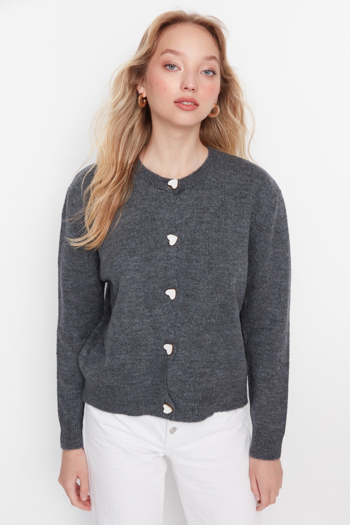 Antrasit Yumuşak Dokulu Mücevher Düğmeli Ceket Görünümlü Triko Hırka TWOAW22HI0044 Secondary image