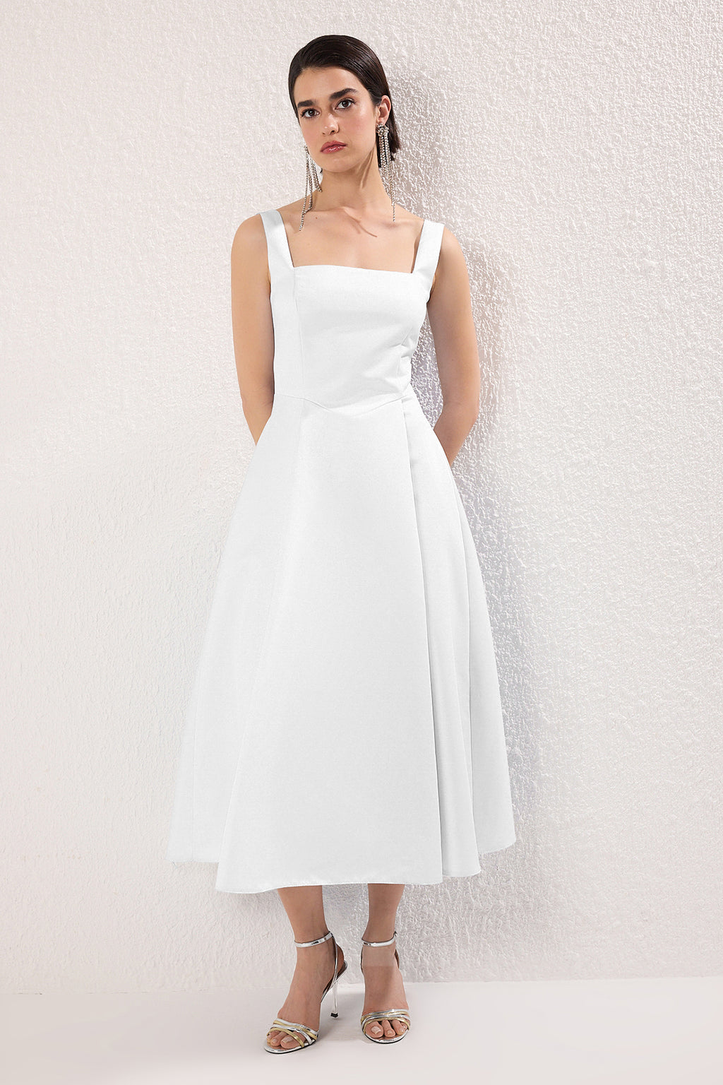 Beyaz A-Kesim Saten Dokuma Şık Abiye Gece Mezuniyet Elbisesi TPRAW25EL00040