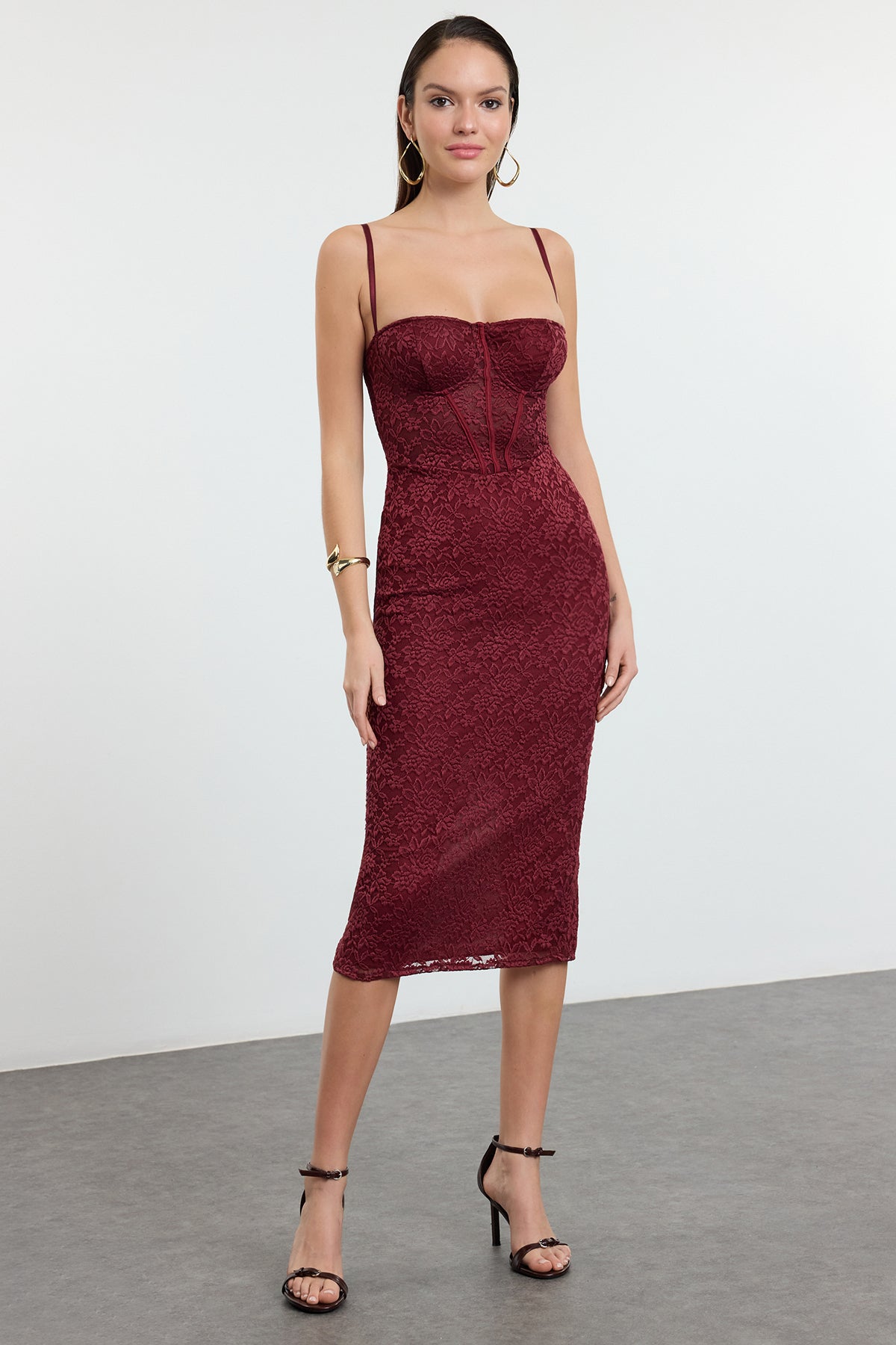 Bordo Astarlı Dantel Örme Midi Abiye Gece Mezuniyet Elbisesi TPRAW25EL00120 Secondary image