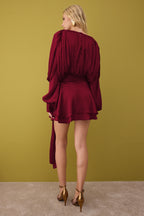 Bordo Bağlama Detaylı Boho Dokuma Saten Mini İçi Şortlu Elbise TPRAW26EL00039