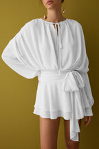 Ekru Bağlama Detaylı Boho Dokuma Saten Mini İçi Şortlu Elbise TPRAW26EL00039