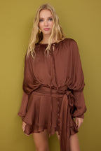 Kahverengi Bağlama Detaylı Boho Dokuma Saten Mini İçi Şortlu Elbise TPRAW26EL00039
