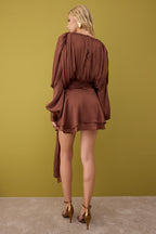 Kahverengi Bağlama Detaylı Boho Dokuma Saten Mini İçi Şortlu Elbise TPRAW26EL00039