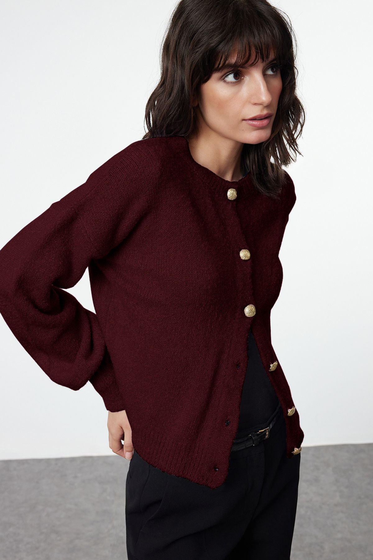 Bordo Düğme Detaylı Yumuşak Dokulu Triko Hırka TWOAW25HI00147 Main image